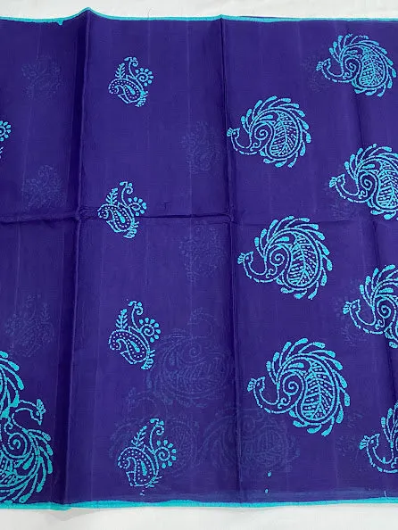 Attractive Blue Color Batik Printed Pure Cotton Saree