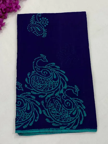 Attractive Blue Color Batik Printed Pure Cotton Saree