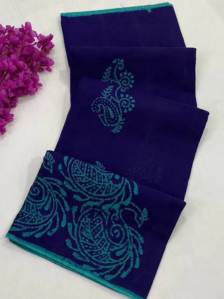 Attractive Blue Color Batik Printed Pure Cotton Saree