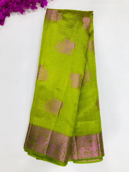 Attractive Green Colored Silk Cotton Saree With Floral Design For Women