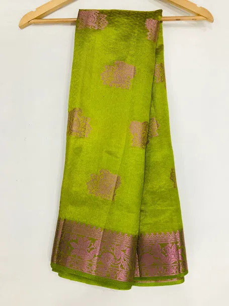 Attractive Green Colored Silk Cotton Saree With Floral Design For Women