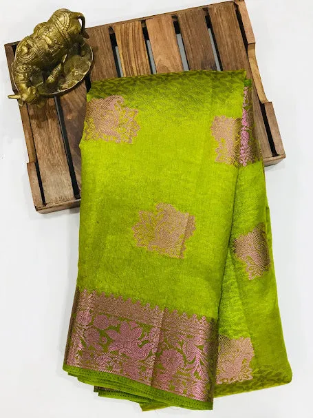 Attractive Green Colored Silk Cotton Saree With Floral Design For Women