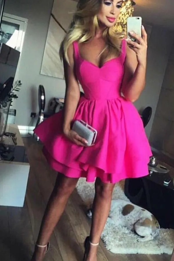 Ball Gown Scoop Eyelet Lace up Fuchsia Short Prom Dress Satin Cute Mini Homecoming Dress