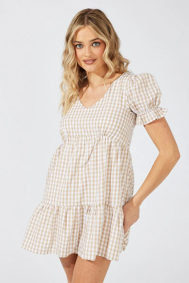 Beige Check Smock Dress Short Sleeve Tiered