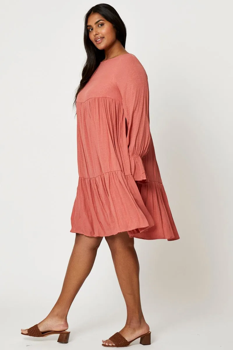 Beige Smock Dress Round Neck Long Sleeve Ruffle