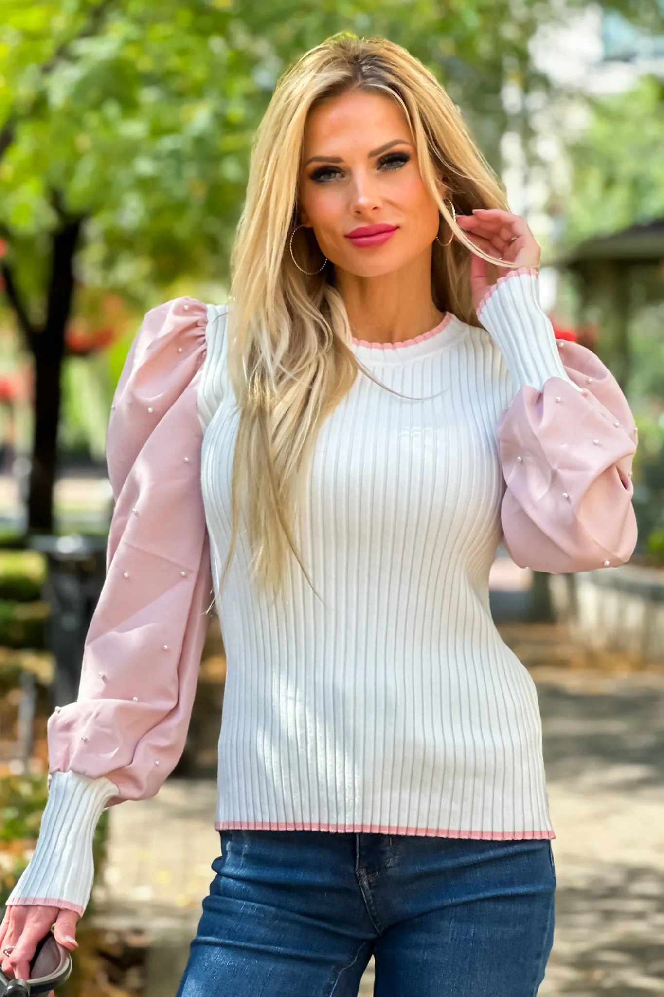 Better With Bubbly Pearl Embellished Puff Sleeve Sweater : Ivory/Pink