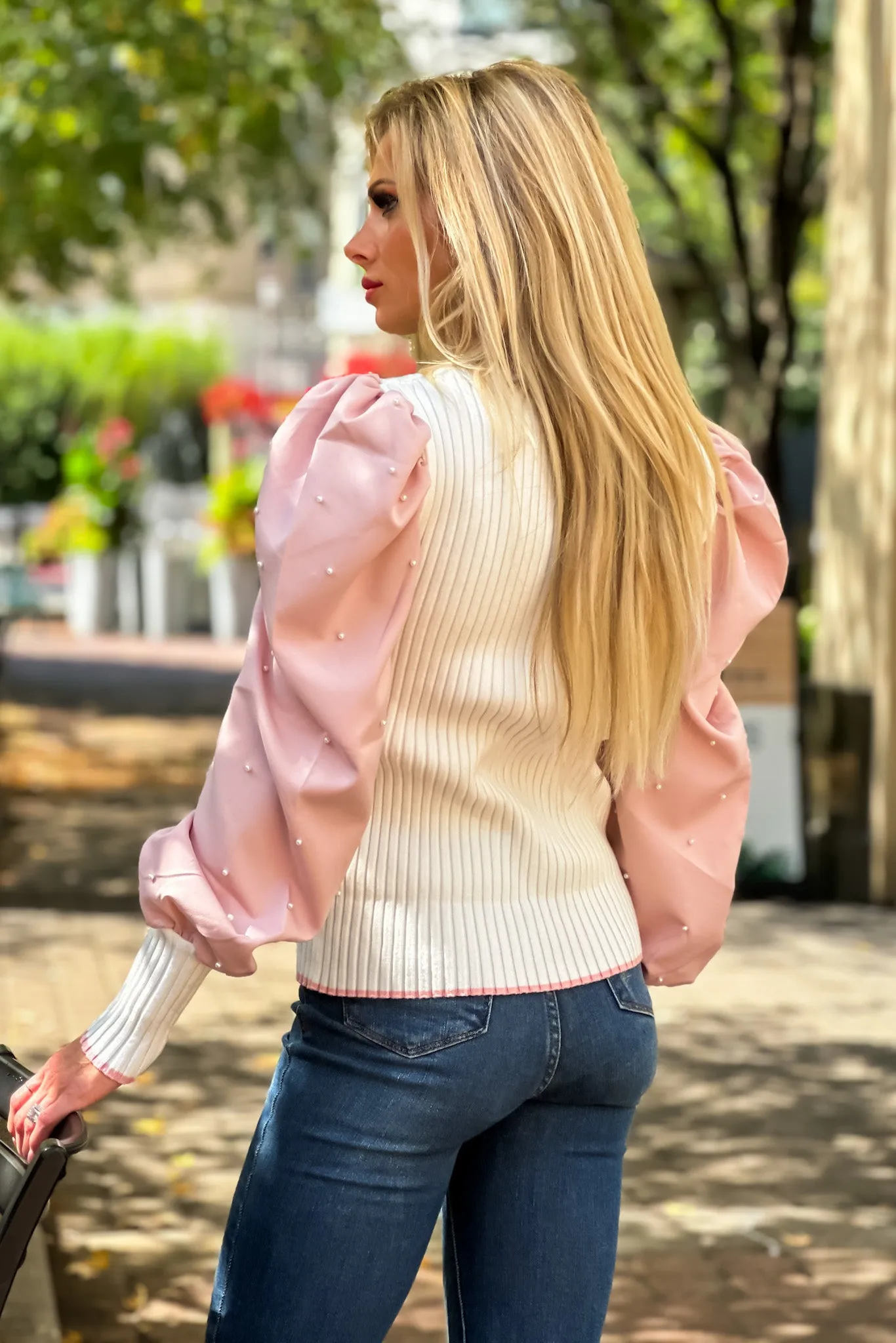 Better With Bubbly Pearl Embellished Puff Sleeve Sweater : Ivory/Pink