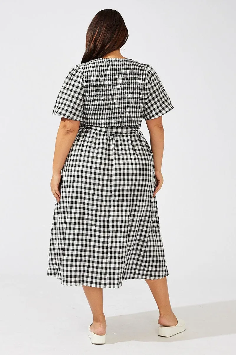 Black Check Gingham Wrapover Shirred Front Midi Dress