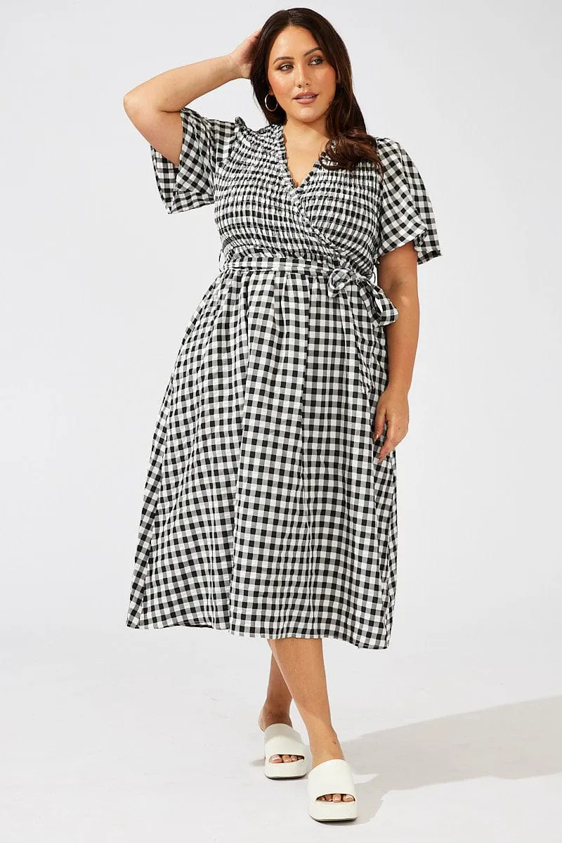 Black Check Gingham Wrapover Shirred Front Midi Dress