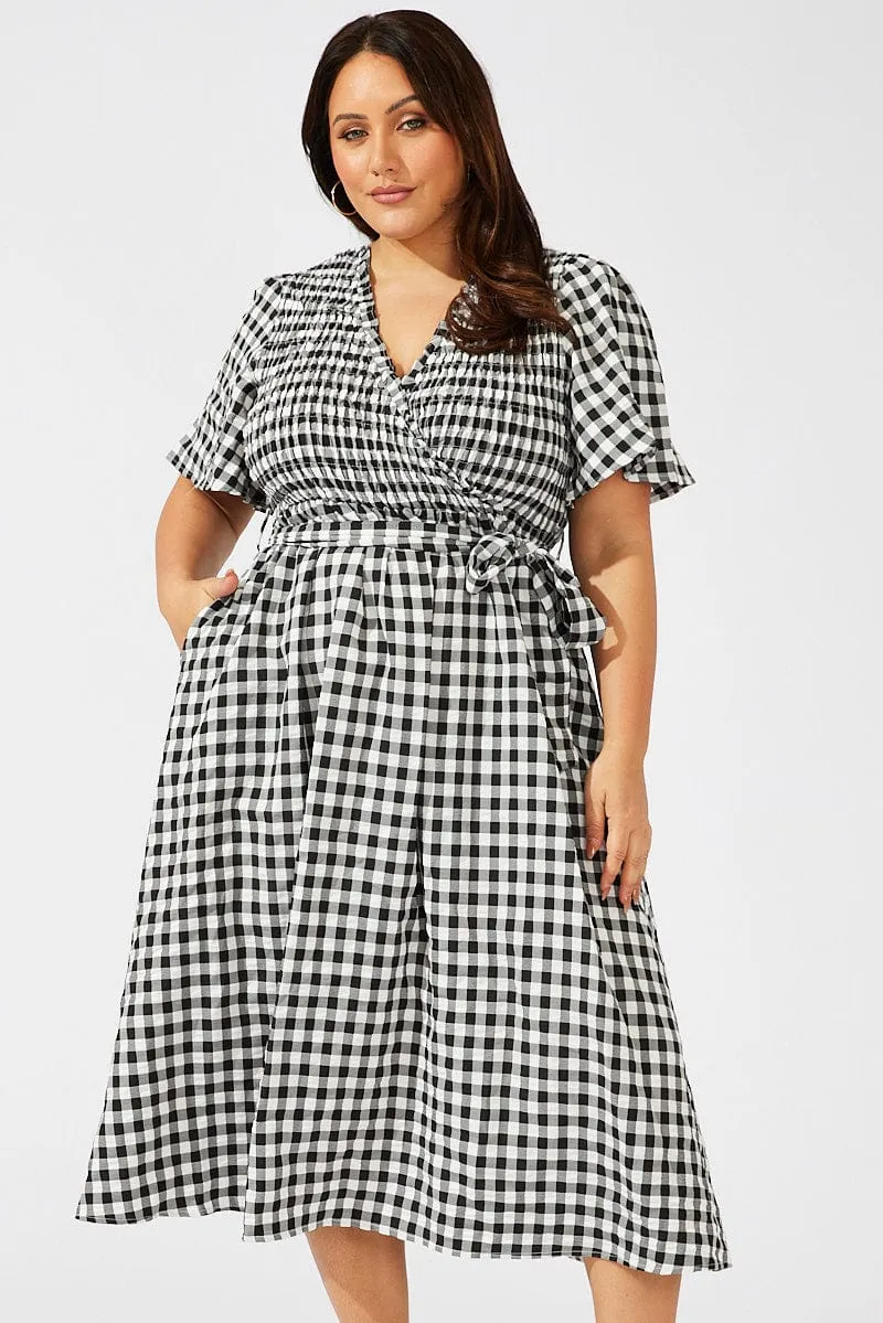 Black Check Gingham Wrapover Shirred Front Midi Dress