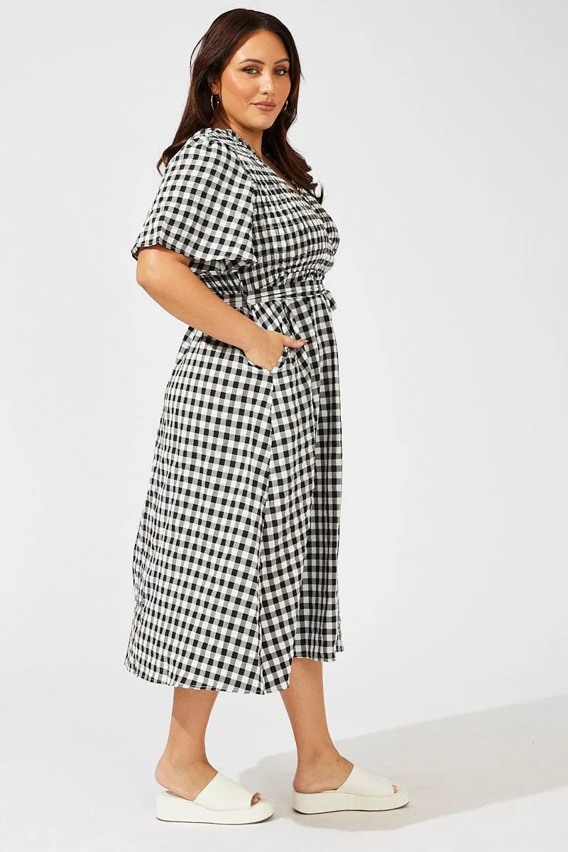 Black Check Gingham Wrapover Shirred Front Midi Dress