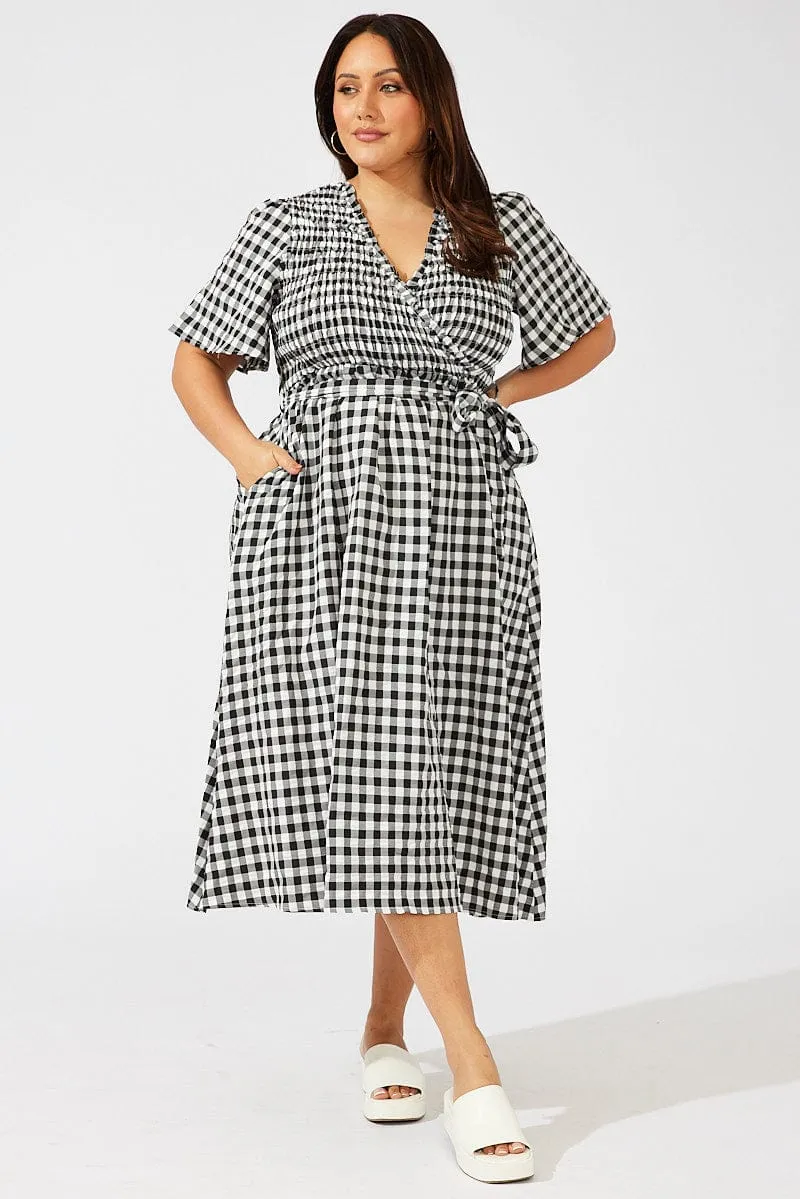 Black Check Gingham Wrapover Shirred Front Midi Dress