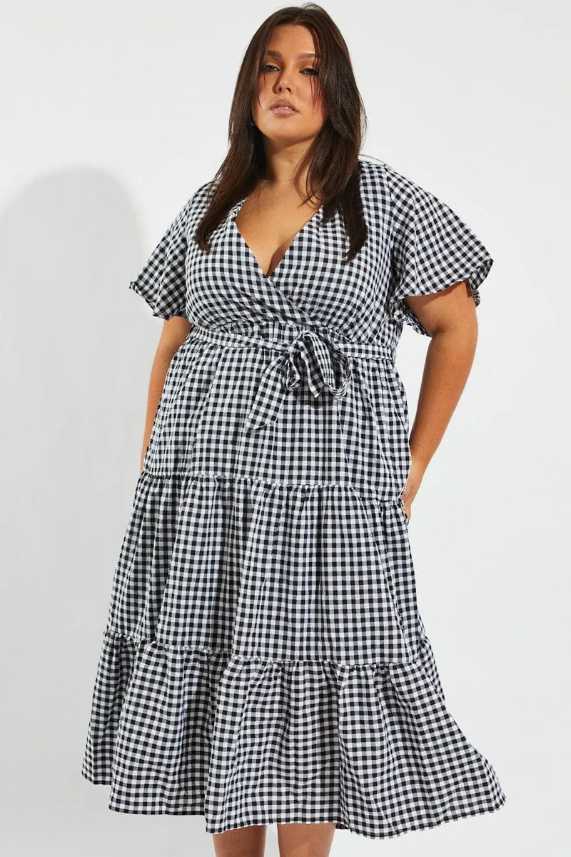 Black Check Midi Dress Short Sleeve Wrap Front Self Tie