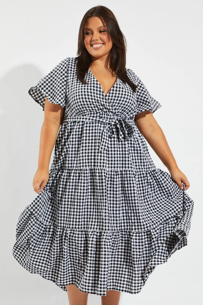 Black Check Midi Dress Short Sleeve Wrap Front Self Tie