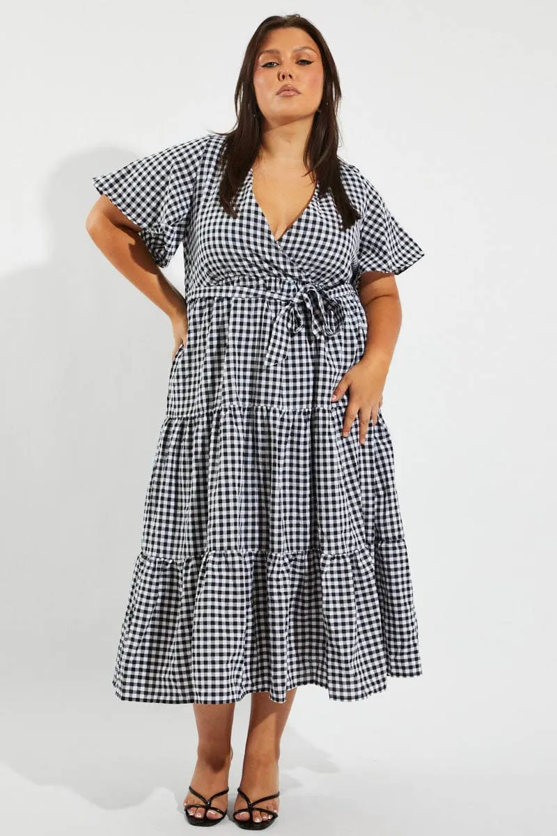 Black Check Midi Dress Short Sleeve Wrap Front Self Tie