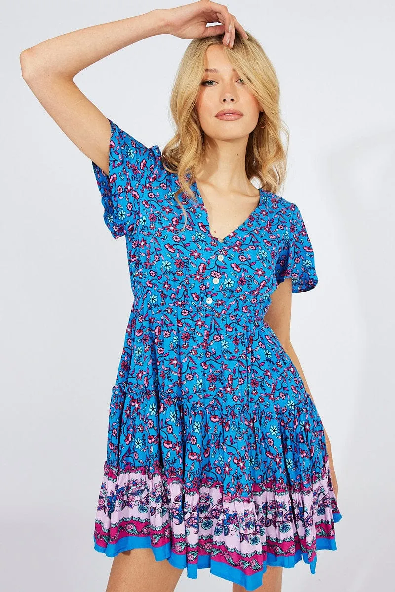 Blue Boho Fit And Flare Dress V-neck Mini