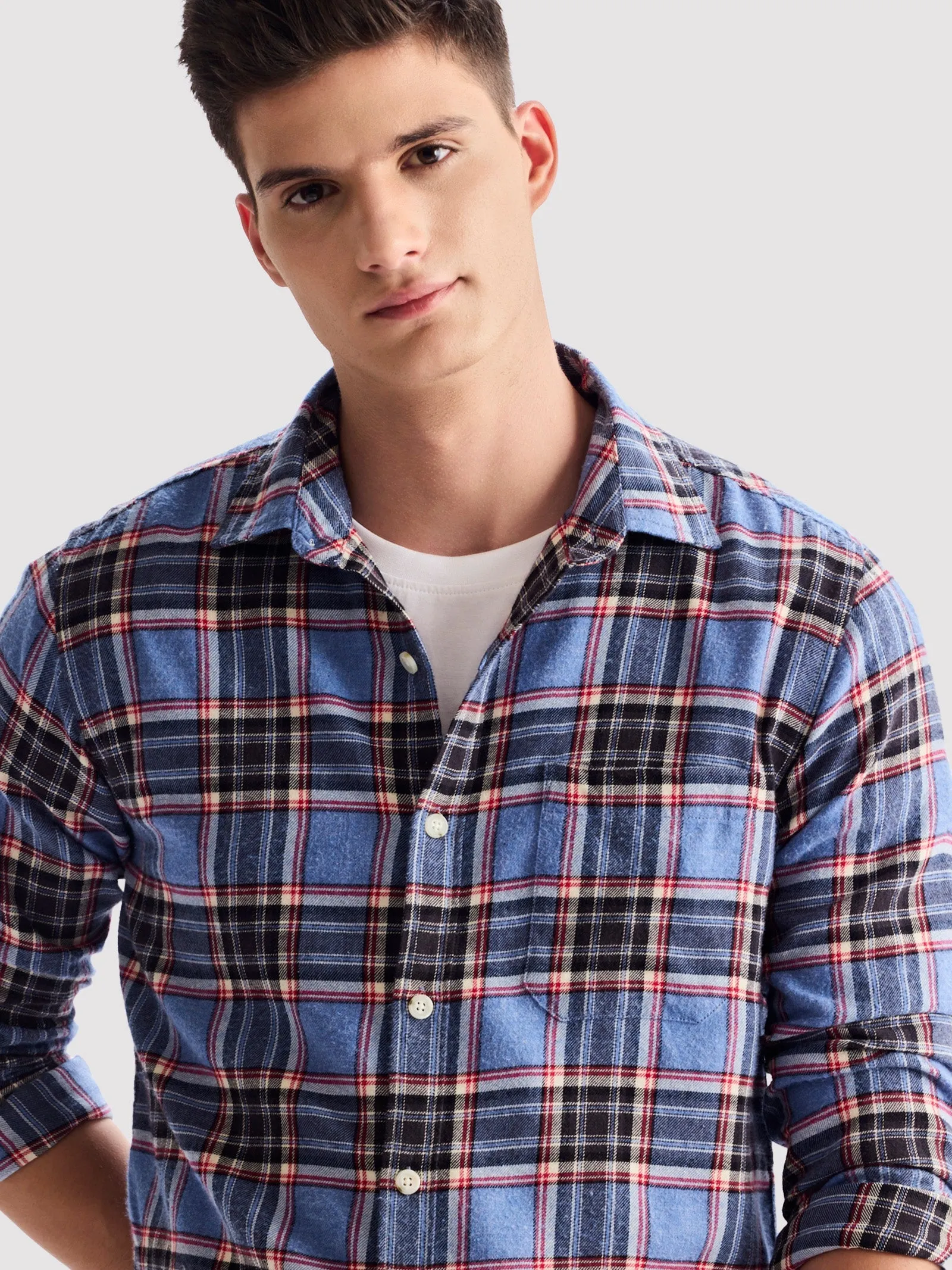 Blue Brushed Cotton Checked Shirt