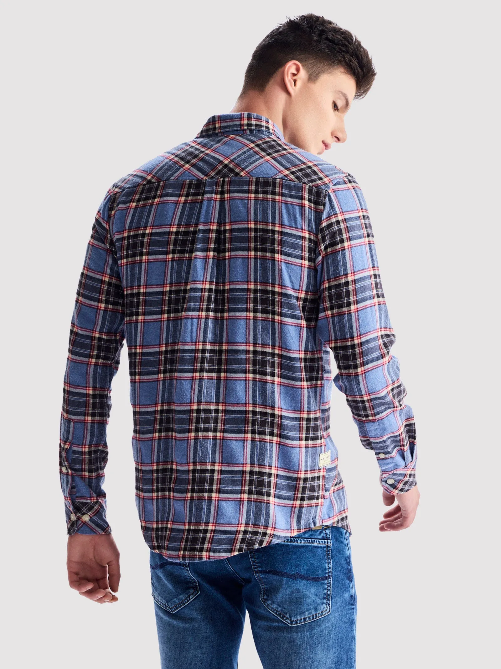 Blue Brushed Cotton Checked Shirt