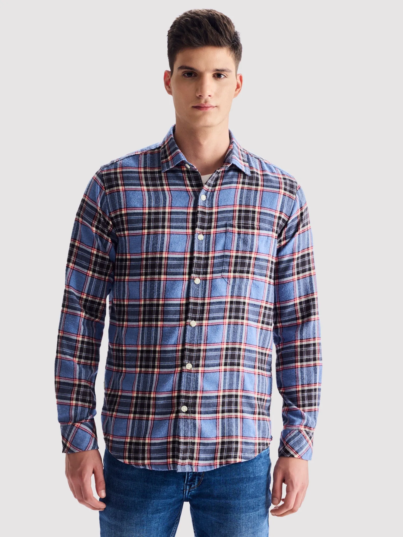 Blue Brushed Cotton Checked Shirt