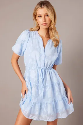 Blue Fit And Flare Dress Puff Sleeve Burnout Fabric