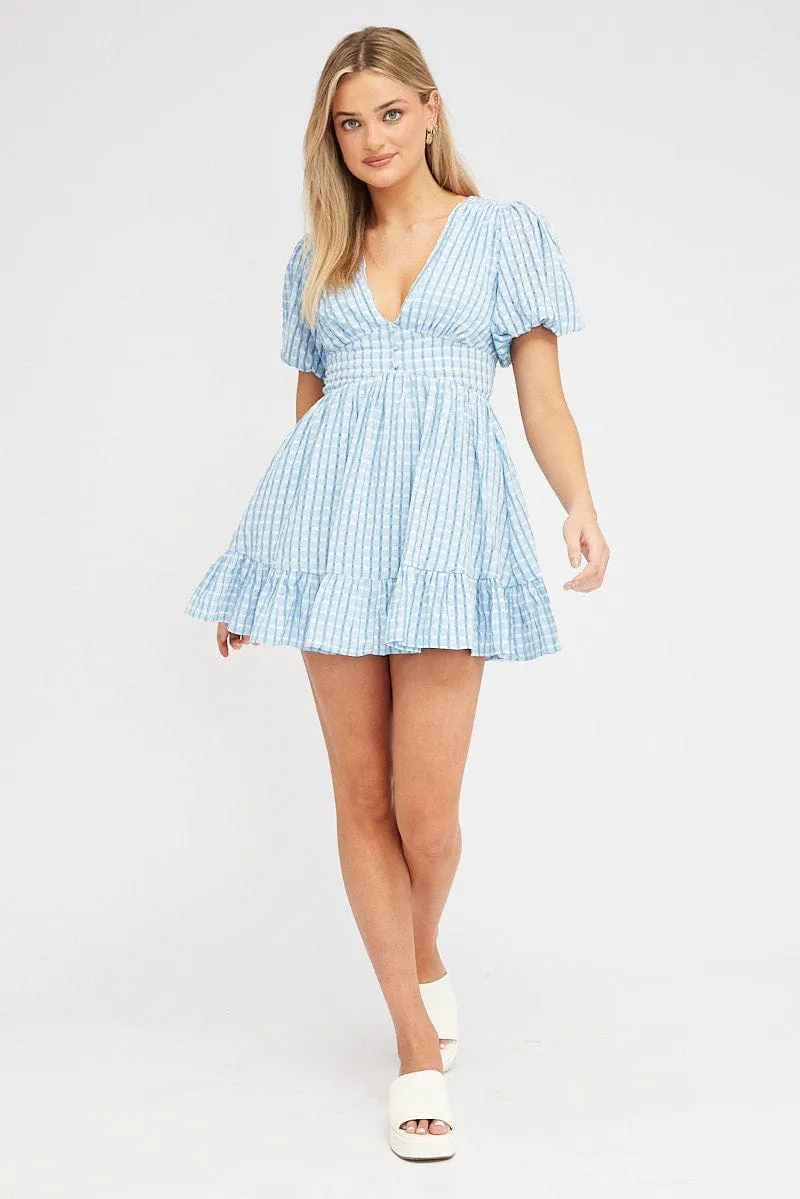 Blue Fit And Flare Dress Puff Sleeve Mini