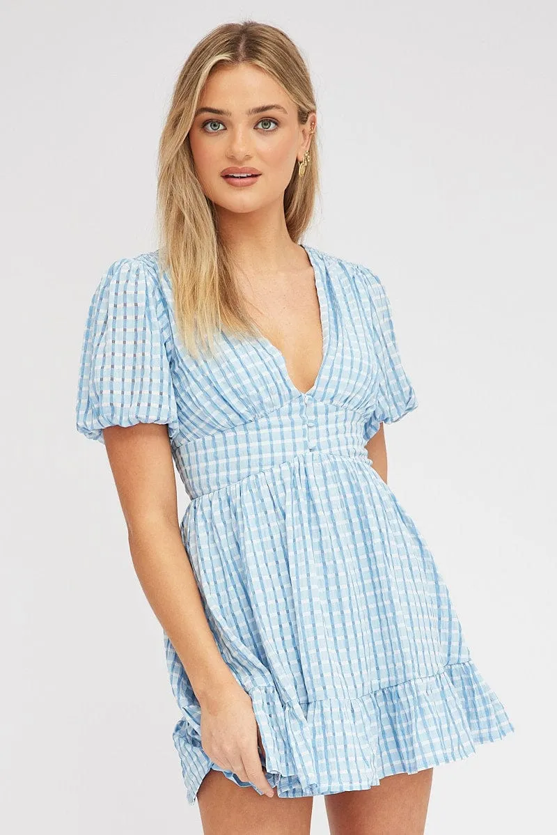 Blue Fit And Flare Dress Puff Sleeve Mini