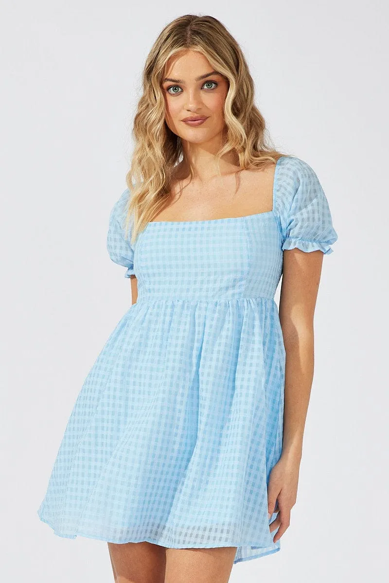 Blue Fit and Flare Dress Short Sleeve