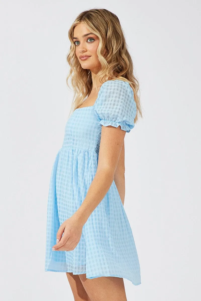 Blue Fit and Flare Dress Short Sleeve