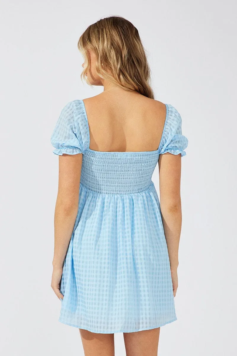 Blue Fit and Flare Dress Short Sleeve