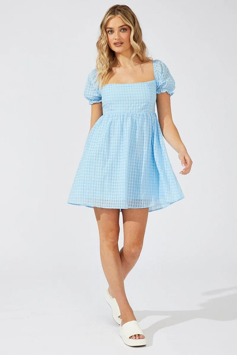 Blue Fit and Flare Dress Short Sleeve