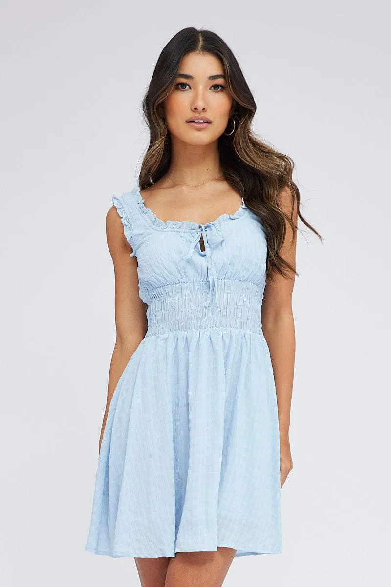 Blue Fit and Flare Dress Sleeveless Waist Shirred