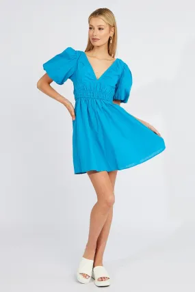 Blue Fit And Flare Dress V-Neck Mini