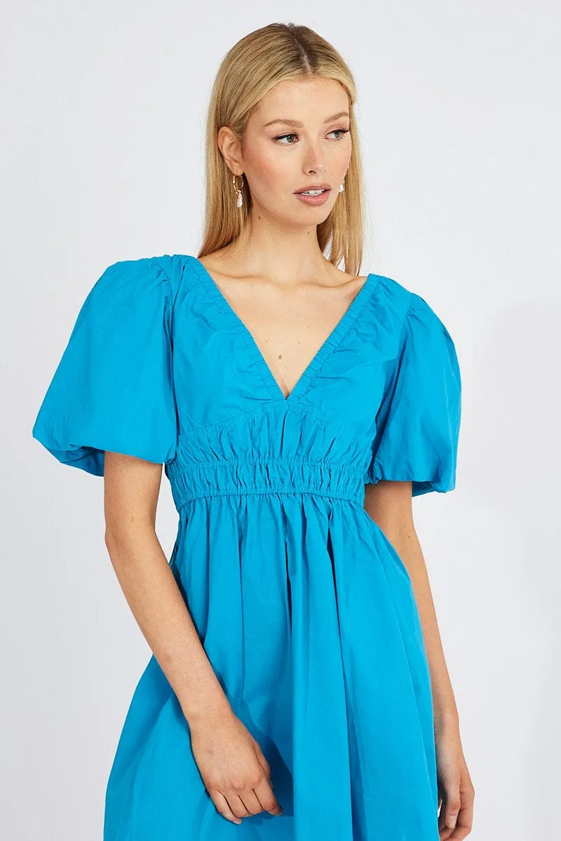 Blue Fit And Flare Dress V-Neck Mini