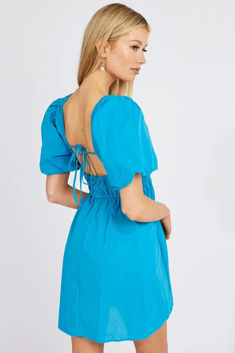 Blue Fit And Flare Dress V-Neck Mini