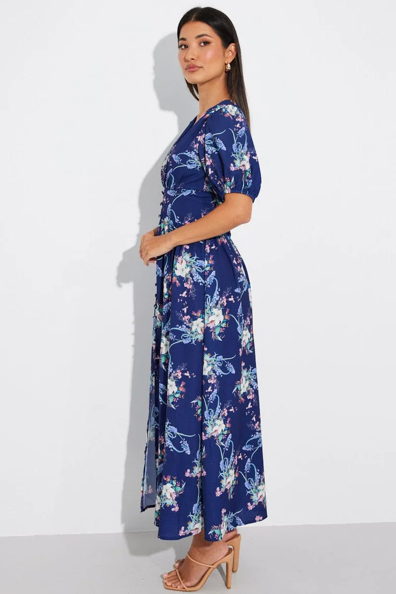 Blue Floral Midi Dress Puff Sleeve