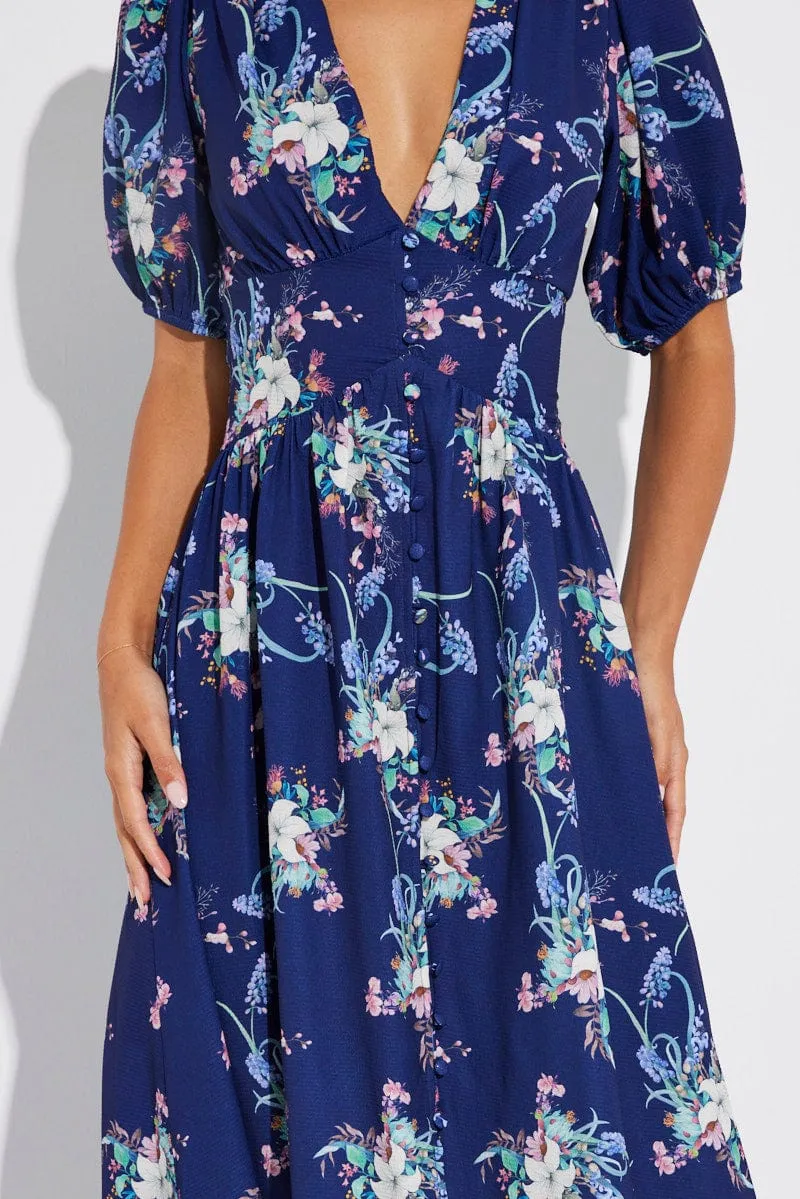 Blue Floral Midi Dress Puff Sleeve