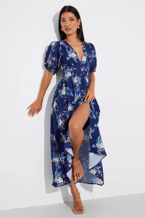 Blue Floral Midi Dress Puff Sleeve