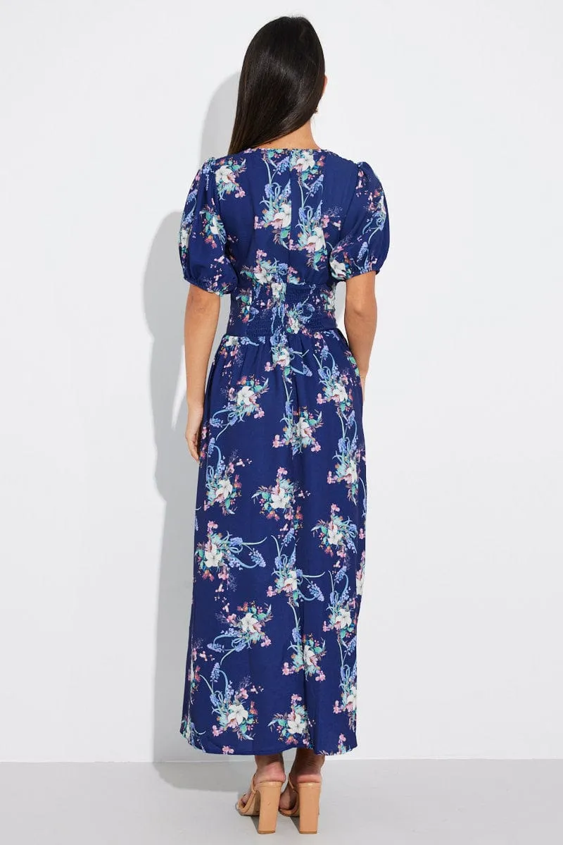 Blue Floral Midi Dress Puff Sleeve