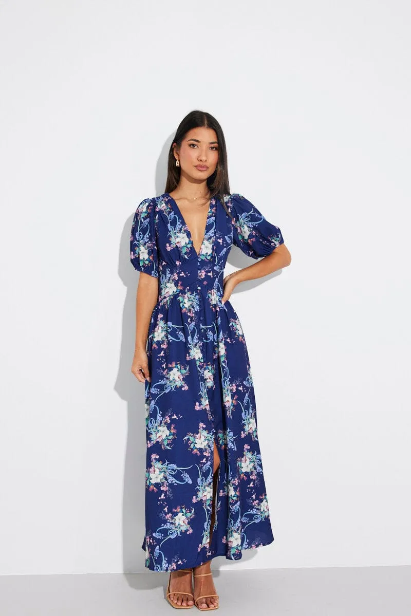 Blue Floral Midi Dress Puff Sleeve