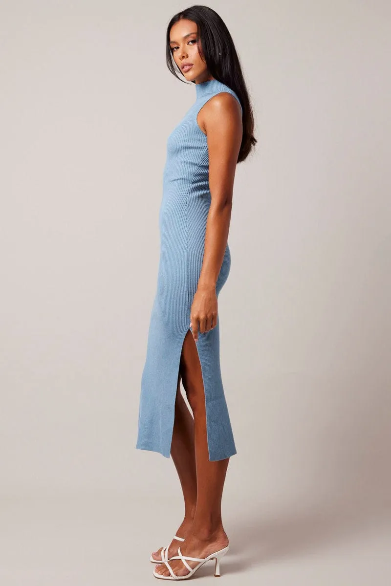 Blue Knit Dress High Neck Midi