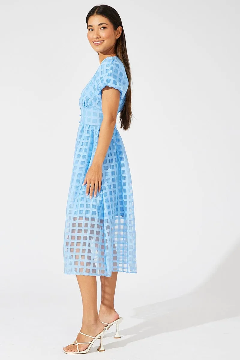 Blue Midi Dress Puff Sleeve V-Neck