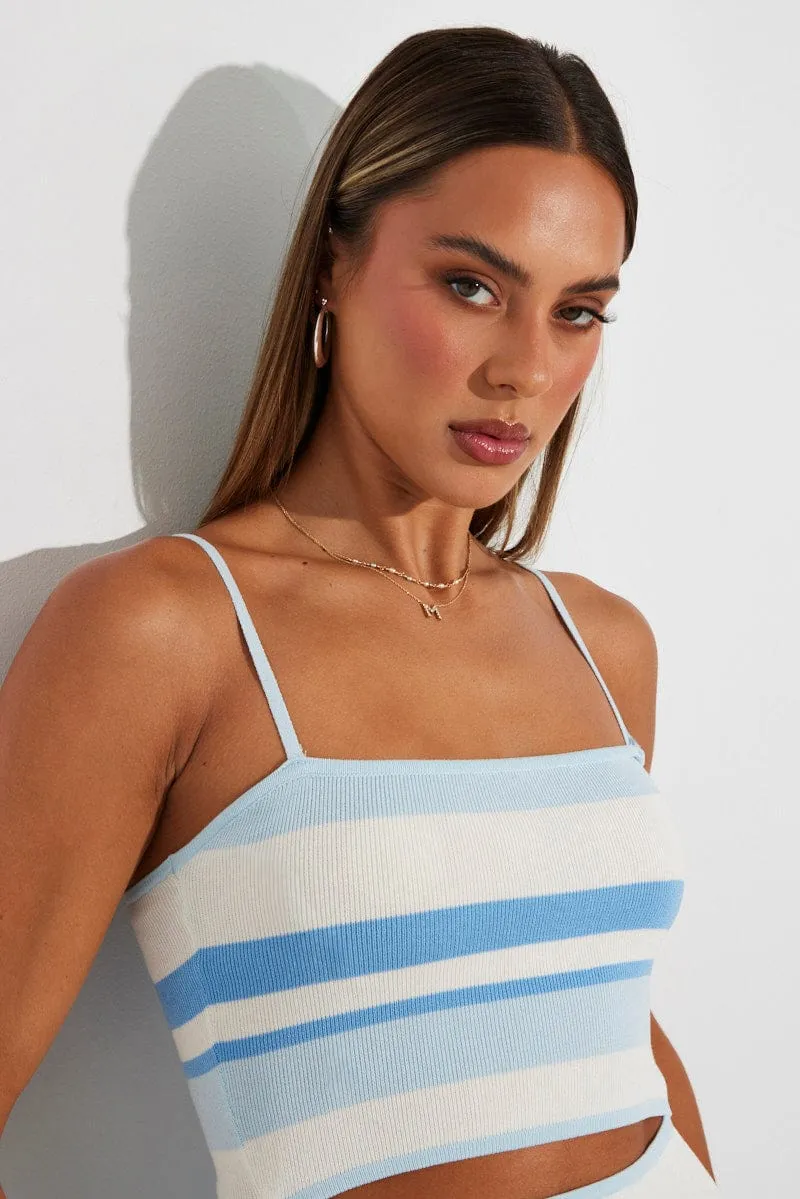 Blue Stripe Knit Dress Midi Sleeveless