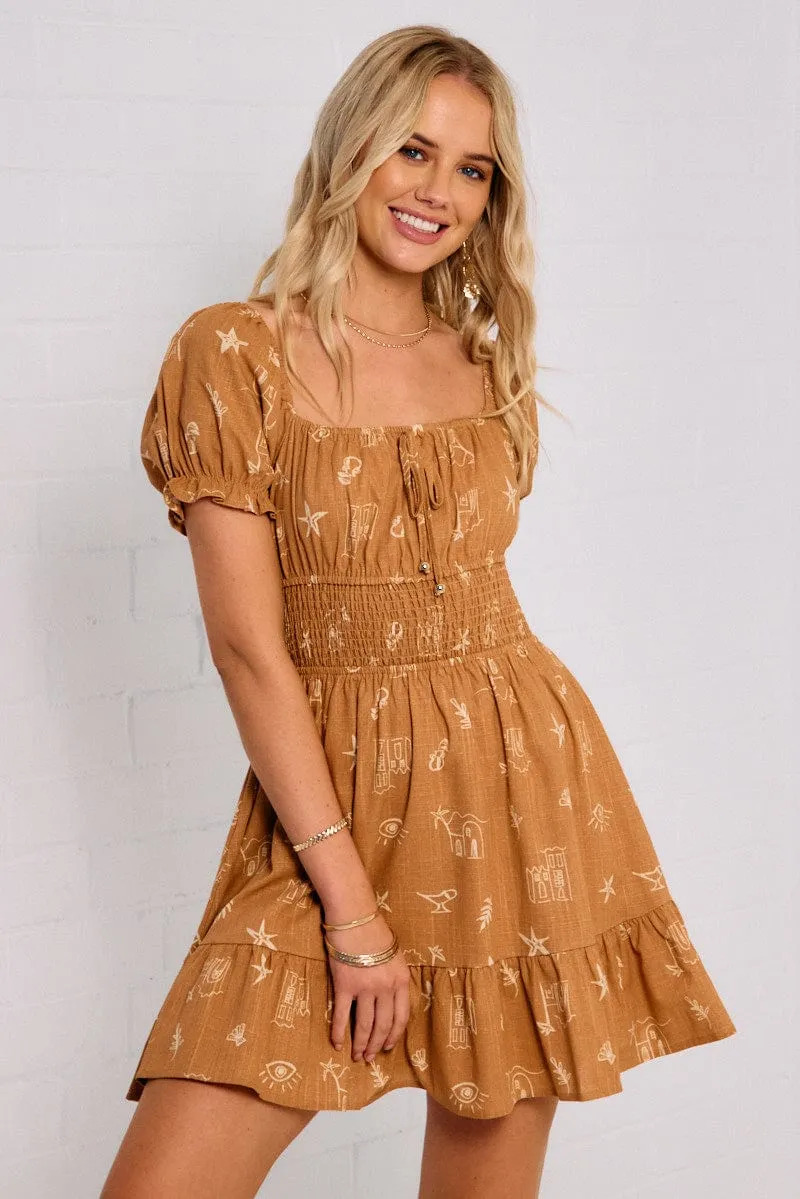 Brown Abstract Fit And Flare Dress Mini