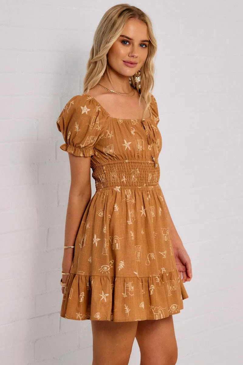 Brown Abstract Fit And Flare Dress Mini