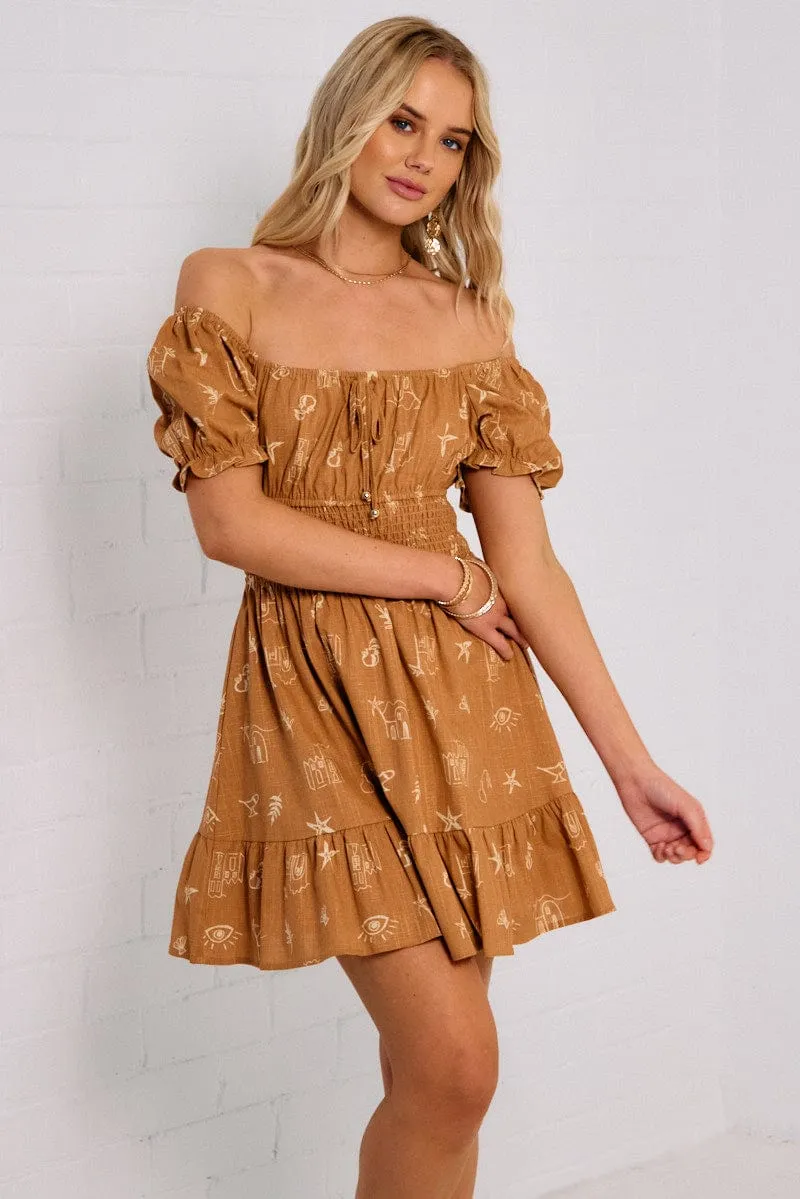 Brown Abstract Fit And Flare Dress Mini