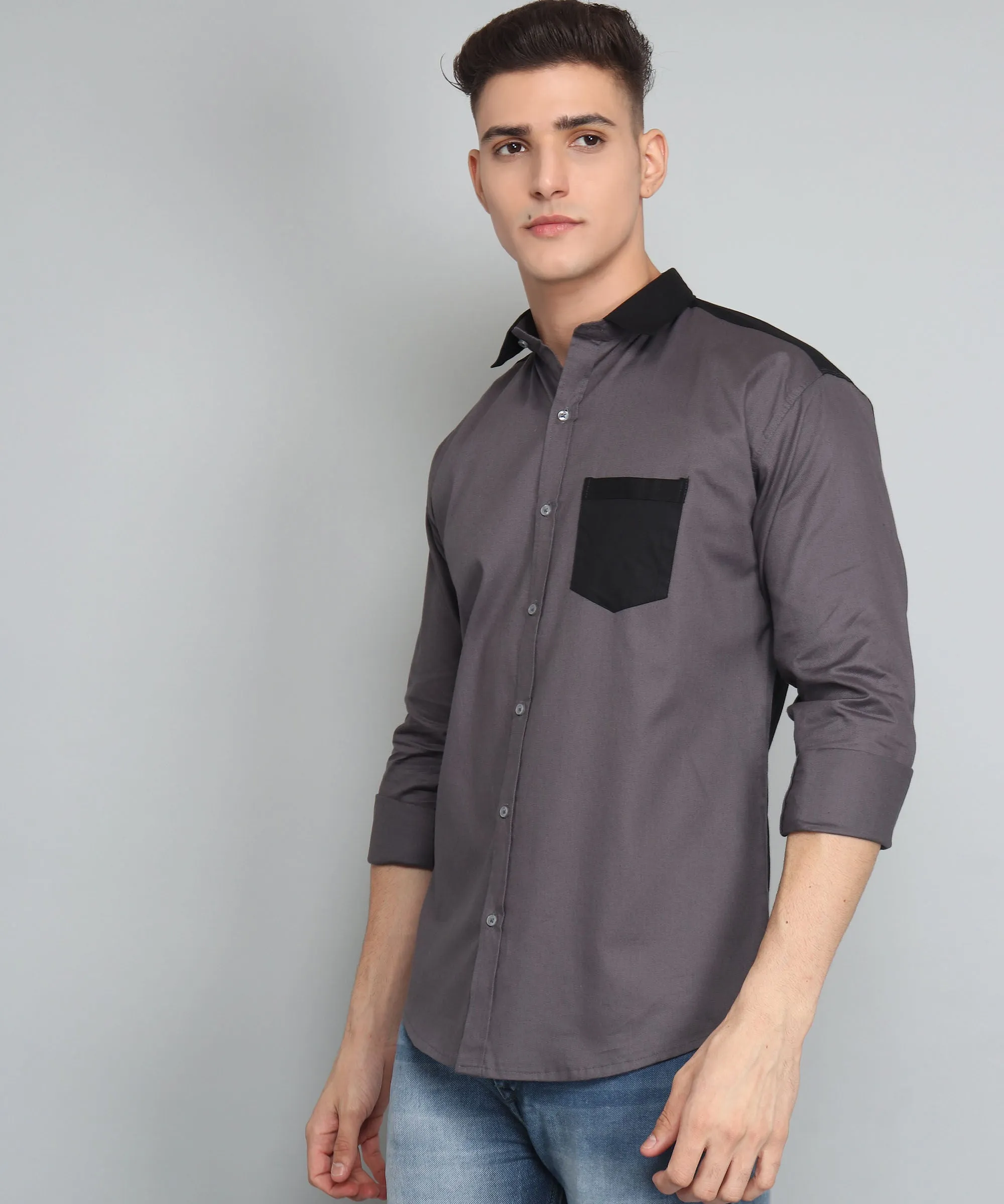 Creek Premium Grey Solid  Cotton Button-Up Shirt For Men