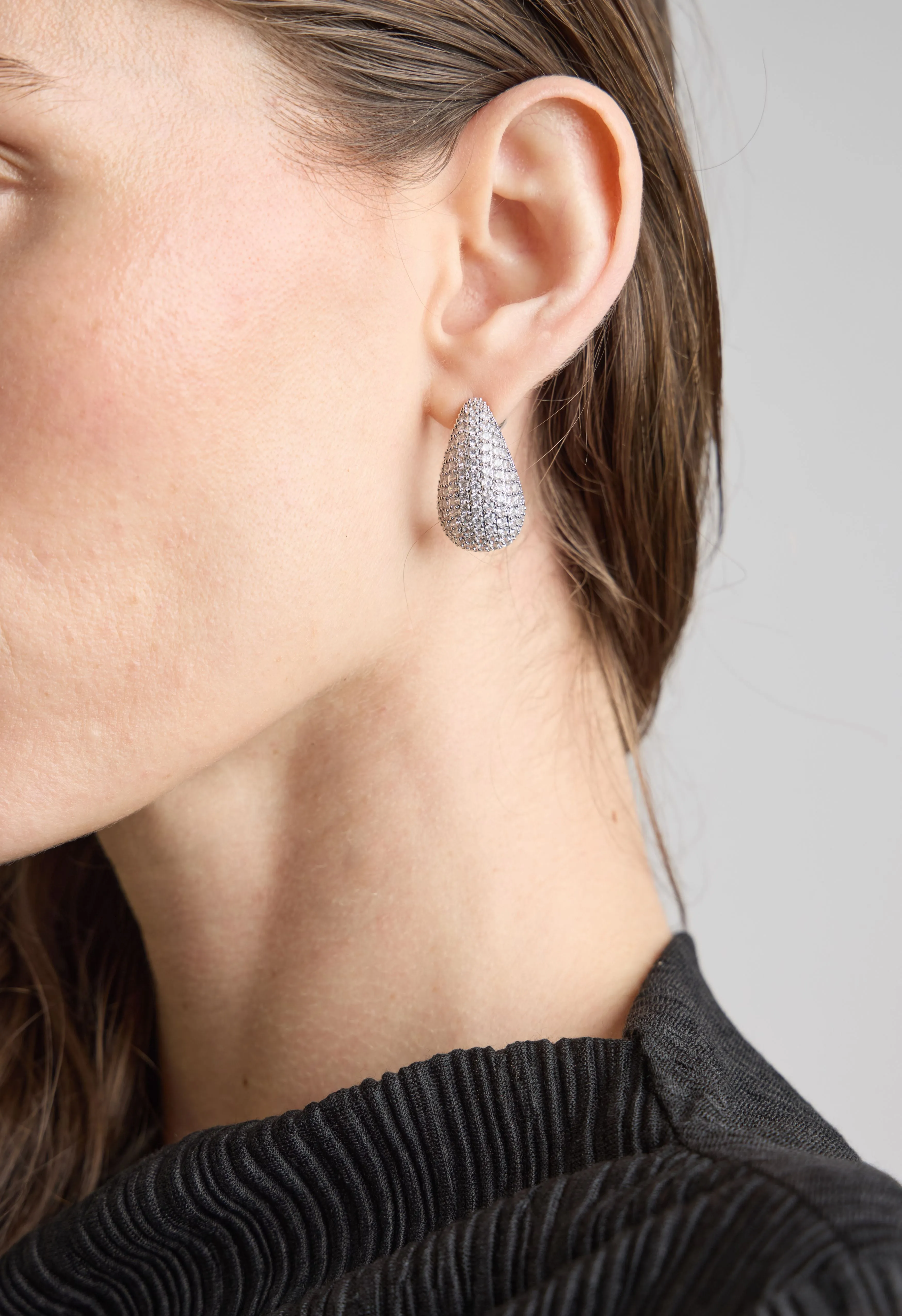 Crystal Pave Silver Droplet Earrings