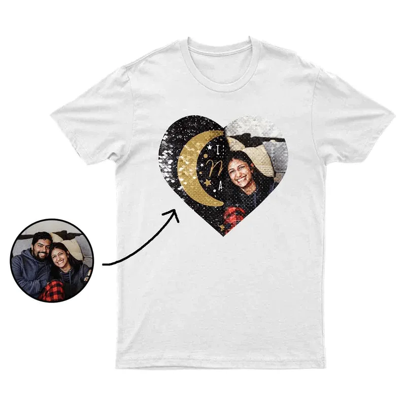 Custom Photo DIY Heart Flip Sequin T-shirt Moon And Back Unisex Shirt Cotton Sequin Tee