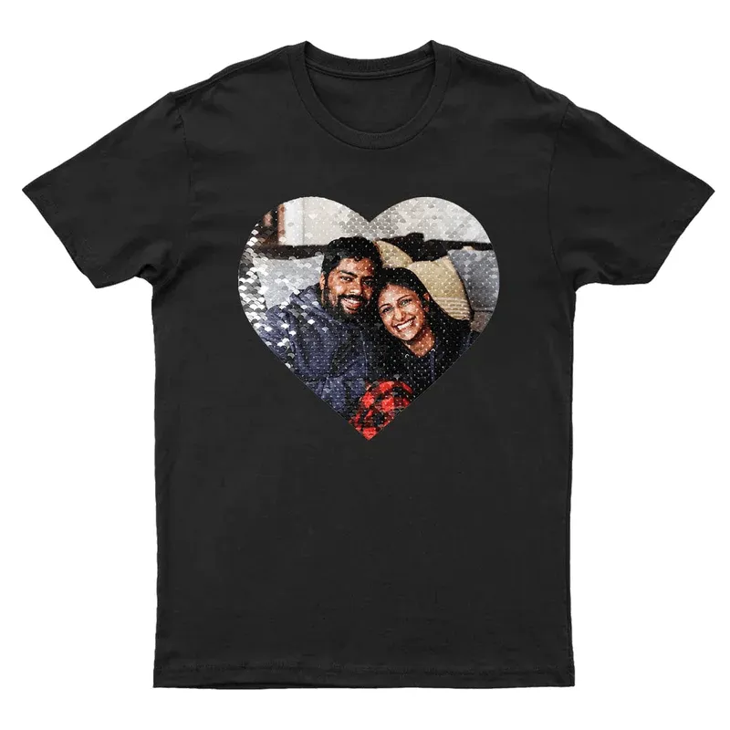 Custom Photo DIY Heart Flip Sequin T-shirt Moon And Back Unisex Shirt Cotton Sequin Tee