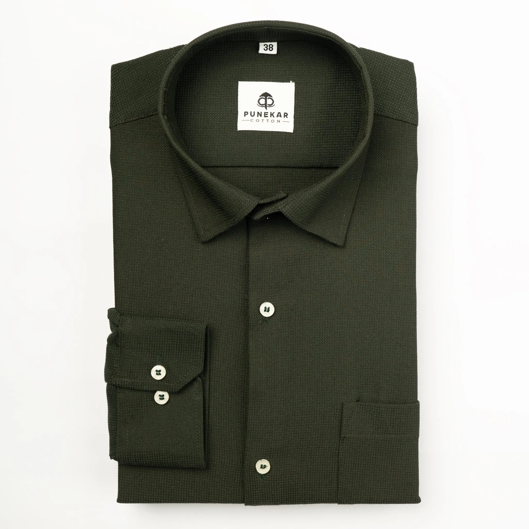 Dark Green Color Waffle Texture Cotton Shirt For Men